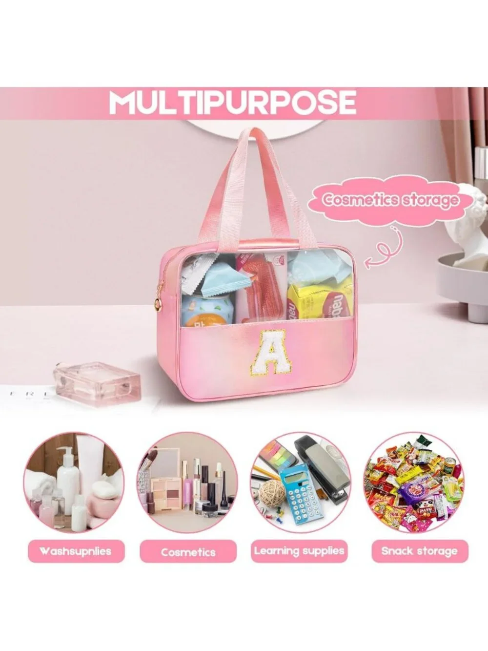Personalized Pink Clear Makeup Bag | Cute Large Cosmetic Organizer for Travel